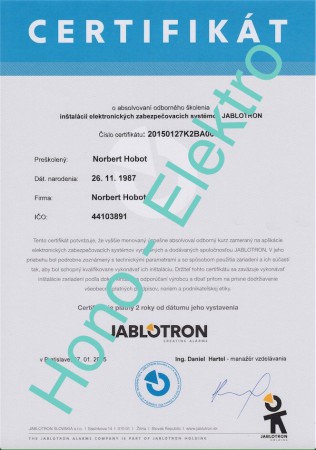 Certifikát na montáž EZS Jablotron